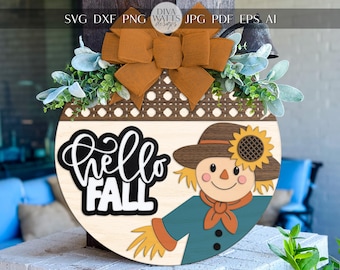 Hello Fall Scarecrow Door Hanger SVG | Round Wood Sign Template | Digital Fall Porch Sign | Laser Cut File Glowforge xTool Compatible