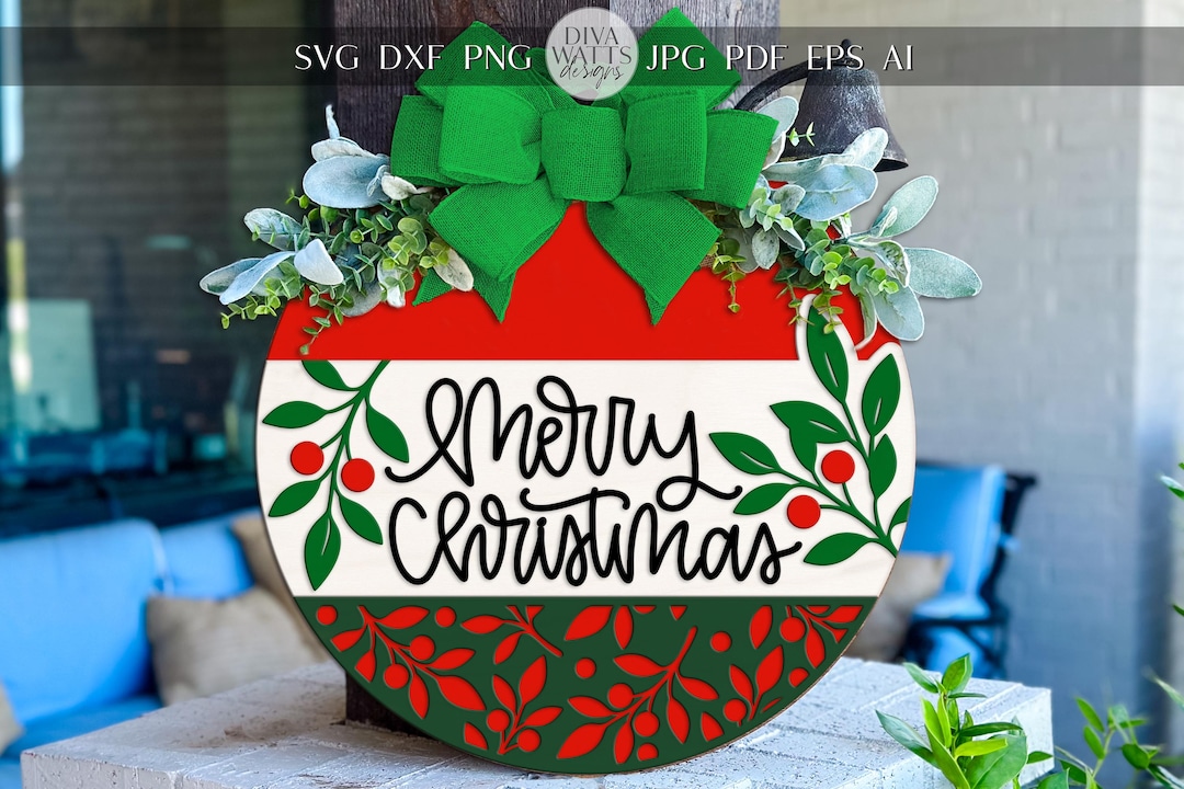 Merry Christmas Round Door Hanger SVG | Layered Laser Cut File for ...