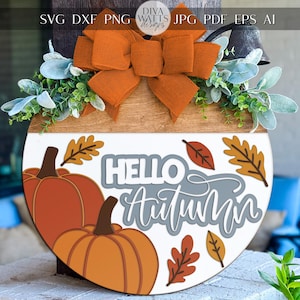 Hello Autumn SVG | レーザーカットドアハンガー SVG | DIY 丸型木製看板ファイル | 秋のウェルカムサイン SVG | Glowforge xTool レーザーカットファイル