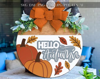 Hello Autumn SVG | Laser Cut Door Hanger SVG | DIY Round Wood Sign File | Fall Welcome Sign svg | Glowforge xTool Laser Cut File