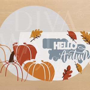 May include: A fall-themed graphic with pumpkins and leaves. The image features orange, brown, and white pumpkins with the words "Hello Autumn" in a stylized font. Several leaves in shades of orange and brown are scattered around the pumpkins.