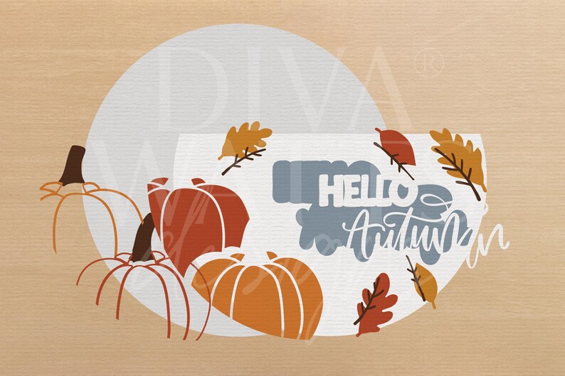 May include: A fall-themed graphic with pumpkins and leaves. The image features orange, brown, and white pumpkins with the words "Hello Autumn" in a stylized font. Several leaves in shades of orange and brown are scattered around the pumpkins.