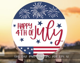 May include: A round sign with a patriotic theme, featuring the text "Happy 4th of July" in red script. The design includes blue stars, fireworks, and an American flag motif, perfect for Independence Day celebrations.
