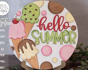 Hello Summer Glowforge Laser SVG | Ice Cream Cones Door Hanger Design