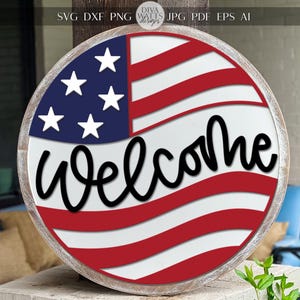 Laser Cut Door Hanger SVG | Patriotic Welcome Sign SVG File | Round Wood Sign Template | Glowforge xTool Compatible Cut File