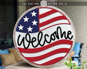 Laser Cut Door Hanger SVG | Patriotic Welcome Sign SVG File | Round Wood Sign Template | Glowforge xTool Compatible Cut File