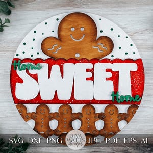 Home Sweet Home Gingerbread Door Hanger SVG | Cute Gingerbread Men Christmas Decor | Holiday Laser Cut File