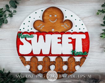 Home Sweet Home Gingerbread Door Hanger SVG | Cute Gingerbread Men Christmas Decor | Holiday Laser Cut File