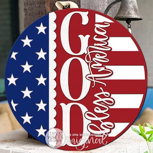 Round Door Hanger SVG God Bless America Patriotic Flag Design For Front Door And Porch Decor, Statement Entryway Sign For Holiday Displays