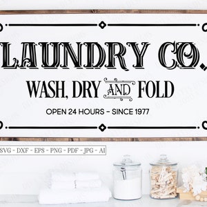 SVG | Laundry Co, droog wassen en vouwen | Snijbestand | Vintage boerderij rustiek kamerbord | Vinylsjabloon HTV | dxf | 24 uur geopend