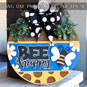 Bee Happy Door Hanger SVG, Polka Dot Round Sign Laser Cut File, Farmhouse Bee Decor, Glowforge and Xtool SVG Cute Bee Decor For Porch