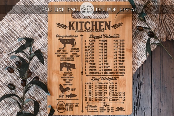Kitchen Measurement Conversions Chart SVG Laser Kitchen Conversions SVG Laser Cutting Board SVG Farmhouse Cutting Board svg Baking Cheat