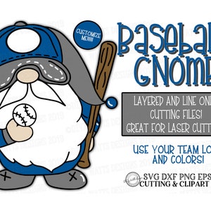 May include: A blue and grey baseball gnome holding a baseball bat and a baseball. The gnome is wearing a blue baseball cap with a white brim. The text "Baseball Gnome" is written in blue letters above the gnome. The text "Layered and line only cutting files! Great for laser cutters! Use your team logo and colours! SVG DXF PNG EPS JPG Cutting & Clipart Files" is written below the gnome.
