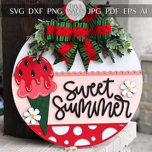 Sweet Summer Watermelon Ice Cream Door Hanger SVG, Layered Laser Cut File for Glowforge Xtool, Summer Porch Sign SVG, 3D Round Door Sign