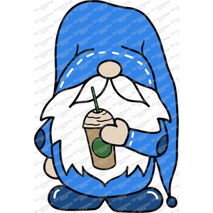 May include: A blue gnome with a white beard and a blue hat holding a brown and white iced coffee with a green straw.