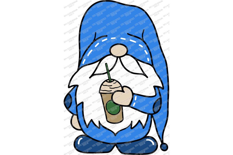 May include: A blue gnome with a white beard and a blue hat holding a brown and white iced coffee with a green straw.