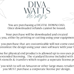 Puede incluir: Imagen de un producto de descarga digital con el texto "DIVA WATTS designs" en una fuente elegante. La imagen incluye detalles sobre la descarga digital, incluidas las pol&iacute;ticas de reembolso, la personalizaci&oacute;n y los t&eacute;rminos de licencia.