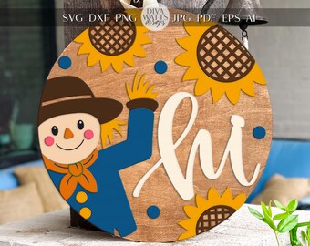 Laser Cut Door Hanger SVG | Hi Scarecrow Fall Sign | DIY Round Sign Template | Digital SVG for Glowforge xTool | Autumn Porch Decor