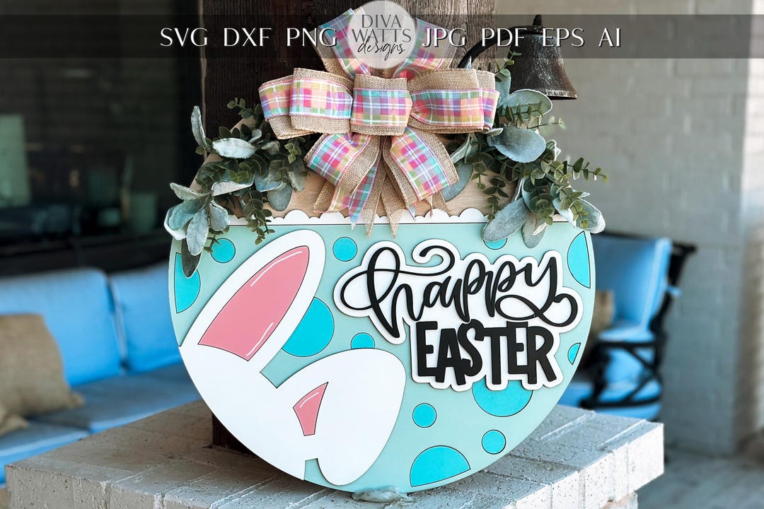 Happy Easter Bunny Door Hanger SVG, Layered Easter Sign Laser Cut File ...