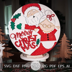 Fichier découpé au laser du père Noël et de la mère de famille | Accroche-porte rond Joyeux Noël SVG | Décoration festive de Noël, découpée au laser, SVG
