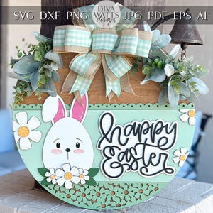 Joyeuses Pâques lapin accroche-porte SVG, fichier découpé au laser, signe de Pâques en couches 3D, décoration de porche de printemps, Glowforge, Xtool, laser SVG