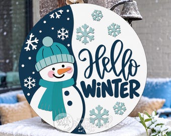 Round Door Hanger SVG Hello Winter Snowman Design, Layered Snowflake Front Door Sign For Winter Porch Decor And Seasonal Laser Cutting