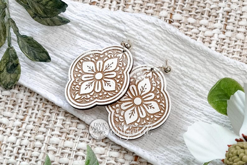 Digital SVG File Instant Download Oval Moroccan Tile Dangle Earrings With Floral Mandala Pattern Designed For Laser Cutting Santorini Inspired Statement Earring Template For Handmade Jewelry Makers
