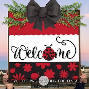 Ladybug Welcome SVG – File di taglio per cartelli per porte primaverili ed estivi per Cricut e Silhouette / Decorazioni stagionali fai da te / Download immediato