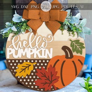 Zawieszka na drzwi Hello Pumpkin SVG, plik wycinany laserowo z okrągłym znakiem jesiennym, dekoracja ganku z jesiennymi liśćmi dyni, pobieranie cyfrowe Glowforge xTool