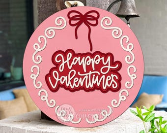 Happy Valentines Round Door Hanger SVG | Layered Valentine Laser Cut File | DIY Heart Wreath Sign for Glowforge & xTool