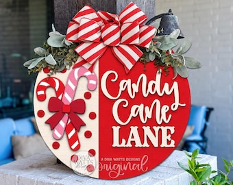 Round Door Hanger SVG Candy Cane Lane Christmas Sign, Holiday Porch Decor, Festive Front Door Entryway Decor For Laser Makers