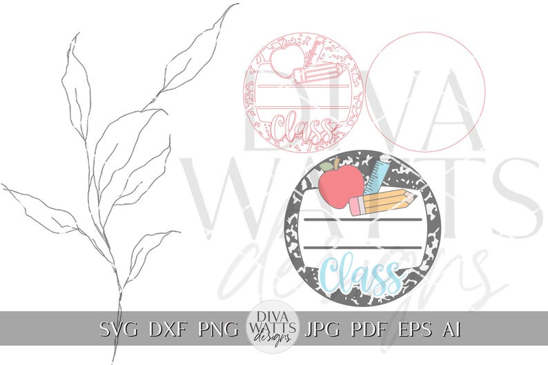 May include: Two printable circle designs for school classroom decorations. The first design is pink with a pencil, apple, and the word "Class". The second design is black and white with a pencil, apple, ruler, and the word "Class".