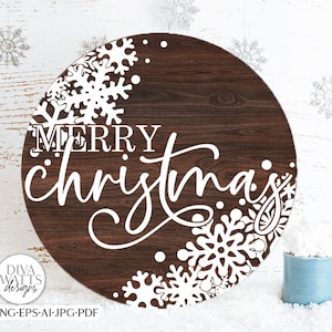 Merry Christmas With Snowflakes SVG | Farmhouse Round Design