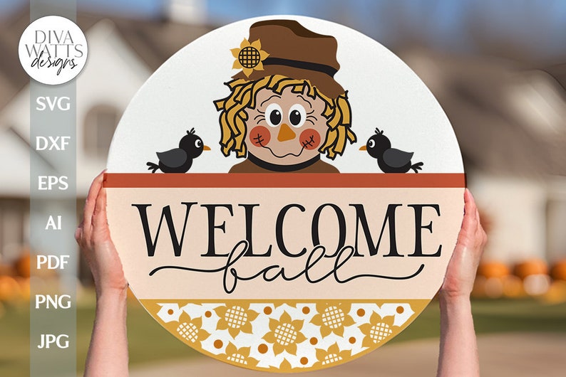 May include: A round welcome sign with a scarecrow face, two black birds, and the text "WELCOME fall" in black script font. The sign has a brown, orange, and white background with a sunflower pattern.