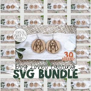 Puede incluir: Pendientes de madera con diferentes razas de perros, incluyendo un basset hound. La imagen incluye el texto "Dog Lover Earring SVG BUNDLE" y "30 BREEDS!"