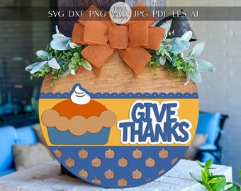 Colgador de puerta cortado con láser SVG / Letrero de agradecimiento / Plantilla de letrero redondo de otoño DIY / SVG digital para Glowforge xTool / Decoración de Acción de Gracias