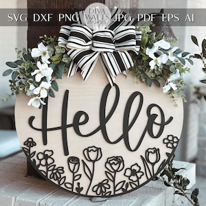 Hello Door Hanger SVG, Floral Laser Cut File, Round Sign Design, Glowforge SVG, Xtool, Farmhouse Welcome Decor, Floral Door Hanger, Daisy