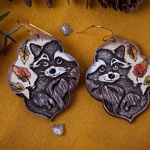Raccoon Earrings Laser SVG For Fall Earrings With Raccoon Earrings SVG Autumn Earrings With Raccoon SVG Fall Leaves Earrings With Animal