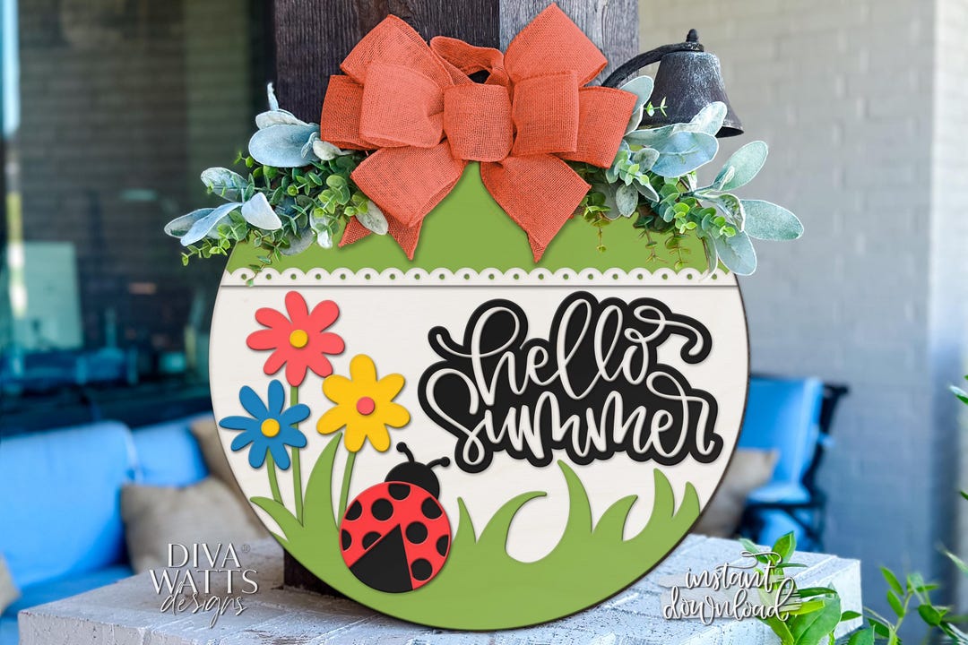 Laser Cut Door Hanger SVG | Hello Summer Sign SVG File | Round Wood ...