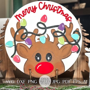 File di taglio laser SVG con renne di Natale, appendino rotondo natalizio per porta, file di taglio con luci di renne festive per macchine laser