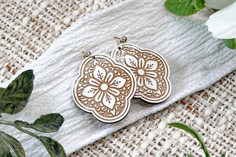 Laserskurna örhängen Svg Marockansk kakel Ovala Dingla Örhängen Blommig Mandala Santorini Stil Smyckesfil För Handgjorda Boutique Designs bild 2