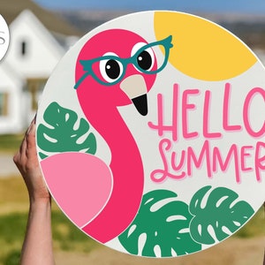 Hello Summer SVG | Pink Flamingo & Monstera Leaves Door Hanger Design