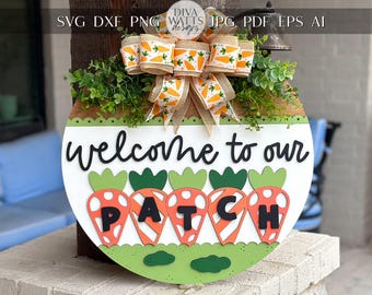 Benvenuti al nostro Patch Door Hanger SVG, cartello a strati di carote, decorazioni pasquali in stile fattoria, file di taglio laser primaverile, file di taglio Glowforge Xtool