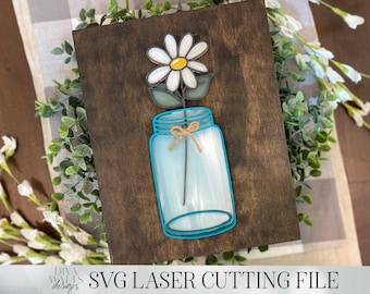 Mason Jar with Daisy Laser Cutting Design | Glowforge SVG | 3D Layered Design | Flower In Jar Cut File