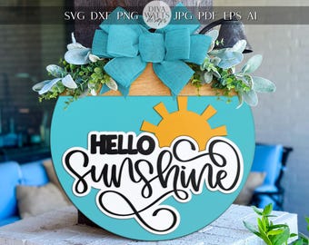 Hello Sunshine Door Hanger SVG | Summer Sign SVG File | Round Wood Sign Template | Digital Cut File Glowforge xTool Compatible