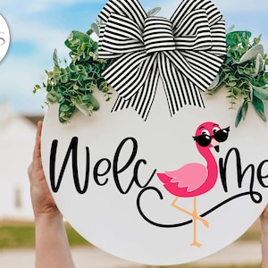 Welcome SVG | Funny Pink Flamingo Door Hanger Design