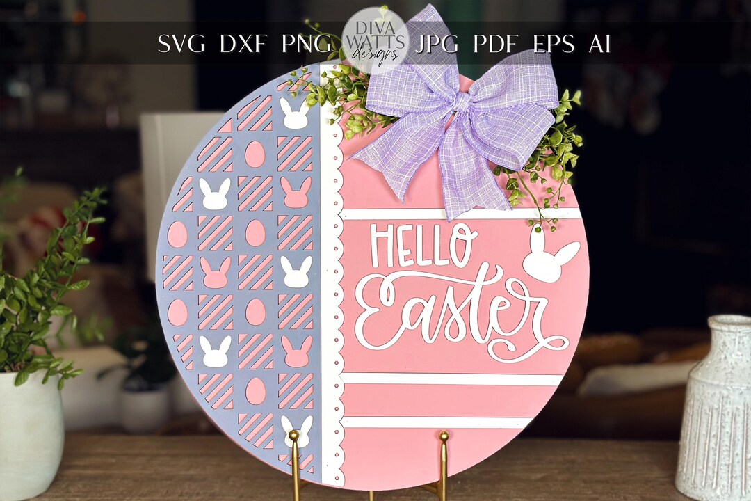 Hello Easter Round Door Hanger SVG, Laser Cut Bunny Pattern File ...