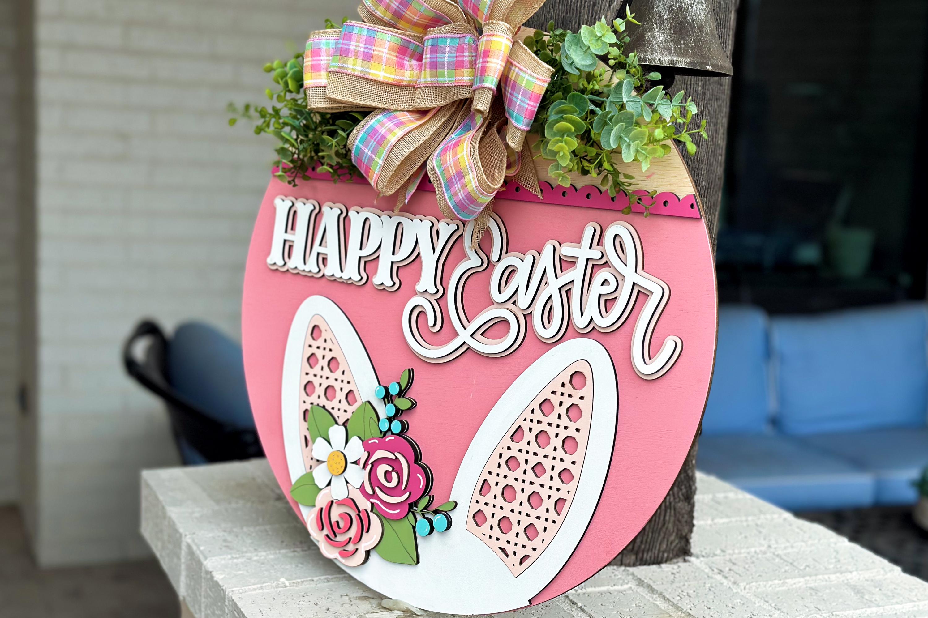 Happy Easter Bunny Ears Door Hanger SVG, Layered Laser Cut File for ...