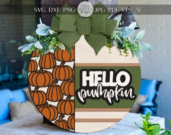 Laser Cut Door Hanger SVG | Hello Pumpkin SVG Sign File | Fall Porch Decor Round Wood Template | Glowforge xTool Digital Cut File