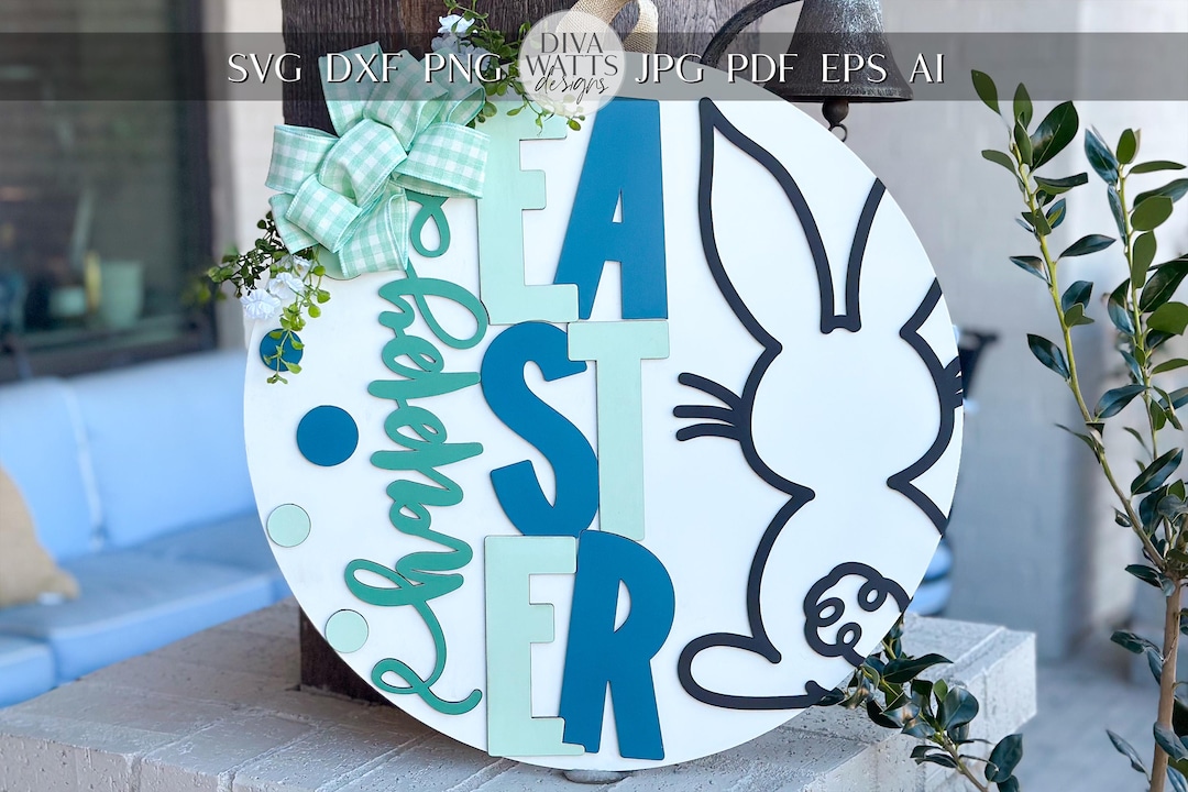 Easter Door Hanger SVG, Bunny and Lettered Laser Cut File, Round Sign ...